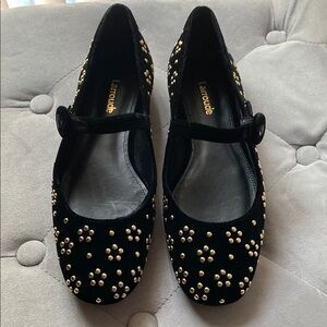 Larroude Black Flats with Gold Studs